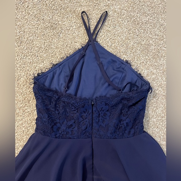 LuLu’s long navy dress. Flowy bottom. Lace top with v halter straps. Size M. - Picture 4 of 5